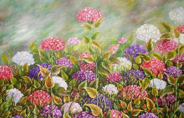 Living room painting by Bożena Olak titled Hydrangeas