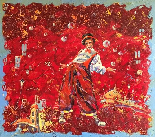 Living room painting by Aleksandr Yasin titled Klaun na czerwono