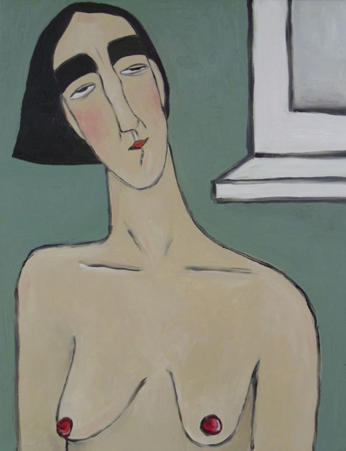 Living room painting by Paulina Korbaczyńska titled Not every breast should be shown to the world