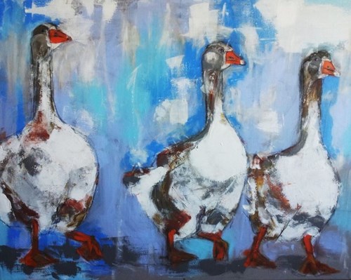 Living room painting by Karolina Kucharska titled Geese, goose home