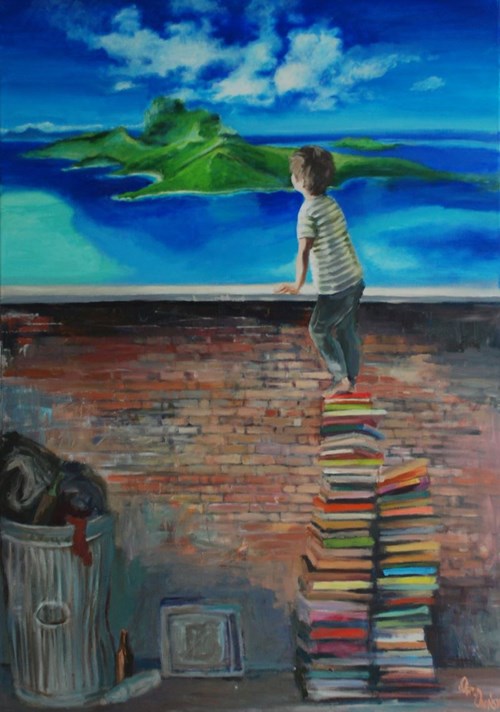 Living room painting by Katarzyna Orońska titled Boy and books