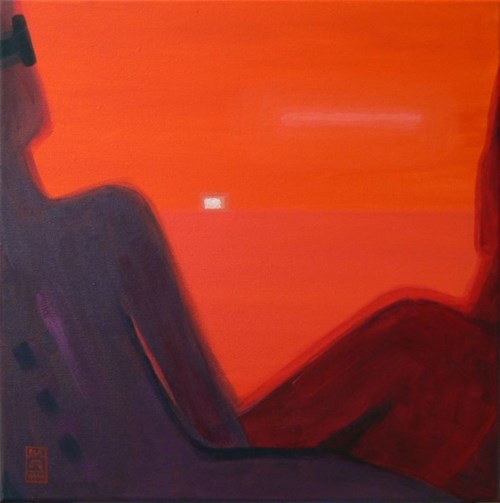 Living room painting by Ela Waga titled Red Horizon (triptych)
