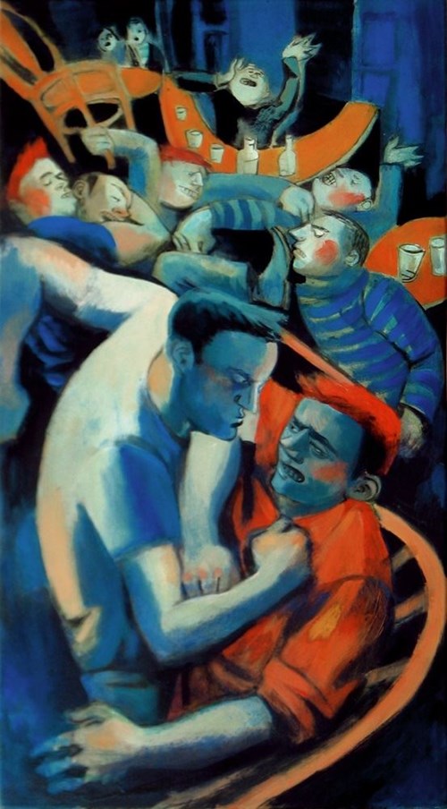 Living room painting by Juliusz Lewandowski titled A fight in the bar