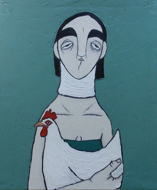 Living room painting by Paulina Korbaczyńska titled A woman with a sprained neck from saving a hen