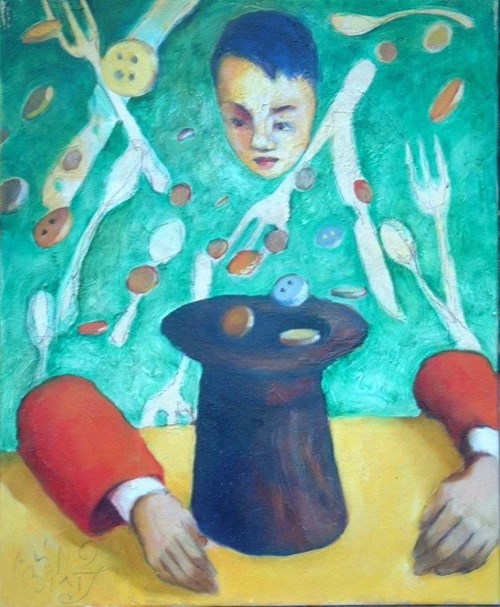 Living room painting by Miro Biały titled Mammon crazy