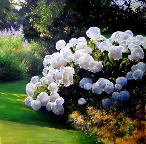 Living room painting by Jan Dubrowin titled hydrangeas
