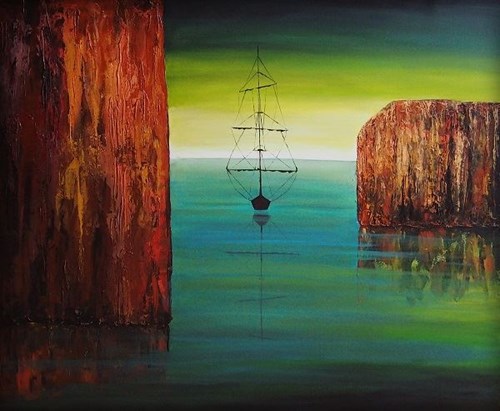 Living room painting by Sabina Maria Grzyb titled Two rocks, emerald and galleon