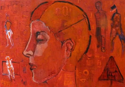 Living room painting by Olek Myjak titled Portrait in red