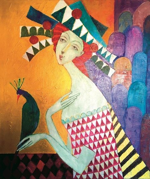 Living room painting by Jan Bonawentura Ostrowski titled The girl with the peacock