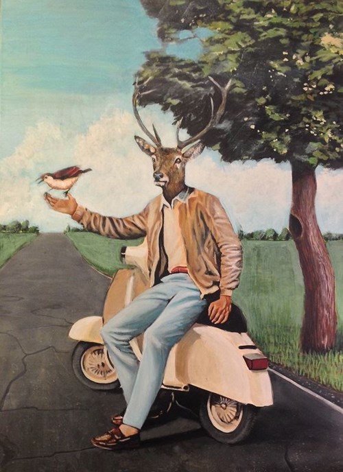 Obraz do salonu artysty Lech Bator pod tytułem Jeleń na vespie