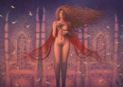 Living room painting by Katarzyna Kania titled The Red Lady in the Kingdom of Solitude