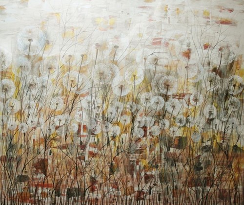 Living room painting by Mariola Świgulska titled Gold meadows (from the series Amazed by Dmuchawcami)