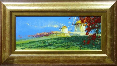 Living room painting by Wacław Jagielski titled Windmills on Mykonos