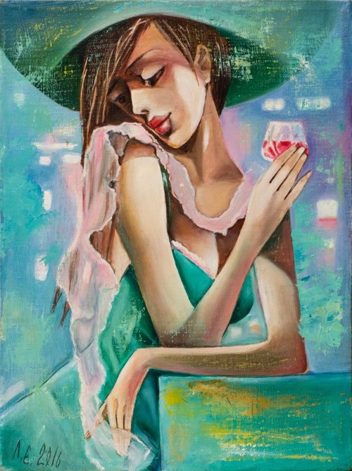 Living room painting by Lena Lesoklińska titled Lady with glass
