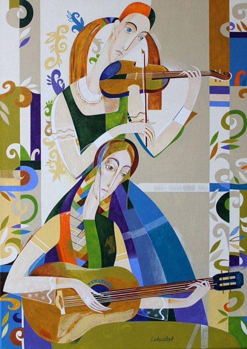 Living room painting by Neli Lukashyk titled Sonata for Violin and Guitar