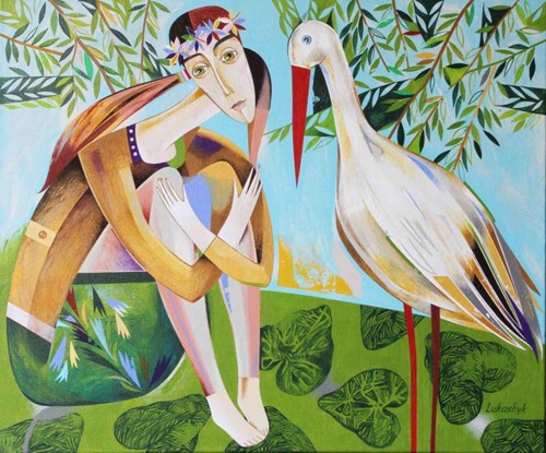 Living room painting by Neli Lukashyk titled Country of Storks