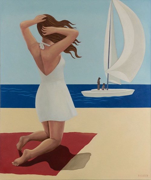 Living room painting by Paulina Rychter titled Girl in a white dress