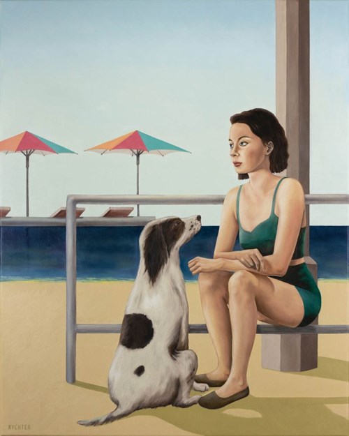 Living room painting by Paulina Rychter titled Woman With a Dog
