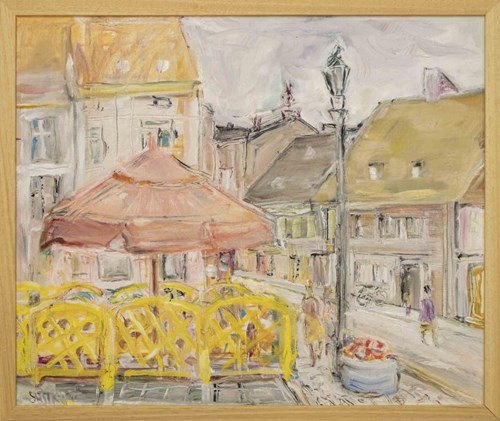Living room painting by Lidia Snitko-Pleszko titled Market square in Ostrzeszów