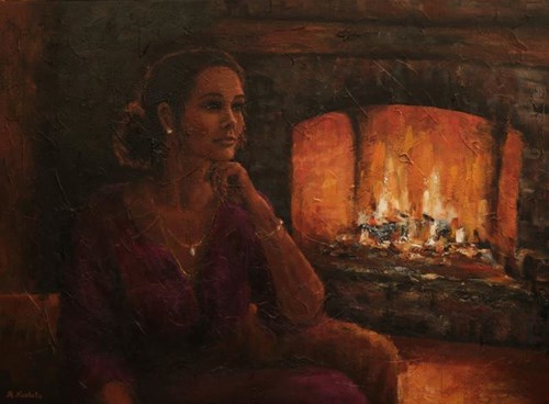 Living room painting by Renata Nastula titled By the fireplace