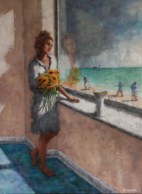 Living room painting by Renata Nastula titled Sunflowers