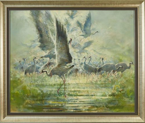 Living room painting by Daniel Pielucha titled Cranes