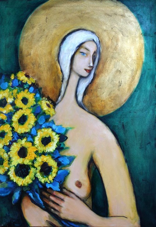 Obraz do salonu artysty Miro Biały pod tytułem Ona ze słonecznikami