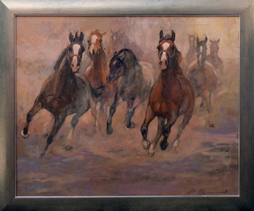Living room painting by Stanisław Chomiczewski titled Galloping Horses