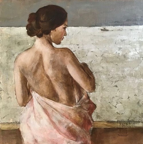 Living room painting by Monika Krzakiewicz titled Nude With a Pink Towel