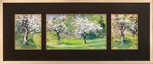 Living room painting by Józef Panfil titled Blooming apple trees. Motif from Smardzewice (triptych)