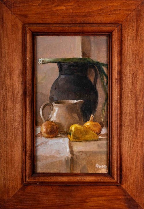 Living room painting by Józef Panfil titled Still life with peppers