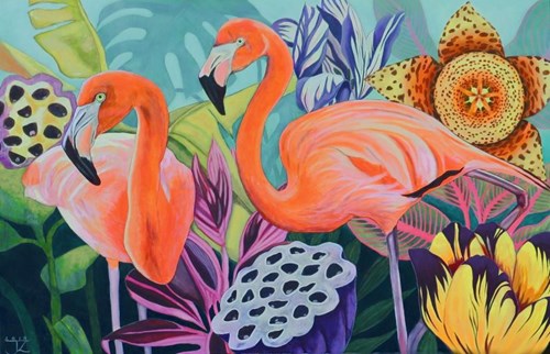 Living room painting by Janina Zaborowska titled Flamingi
