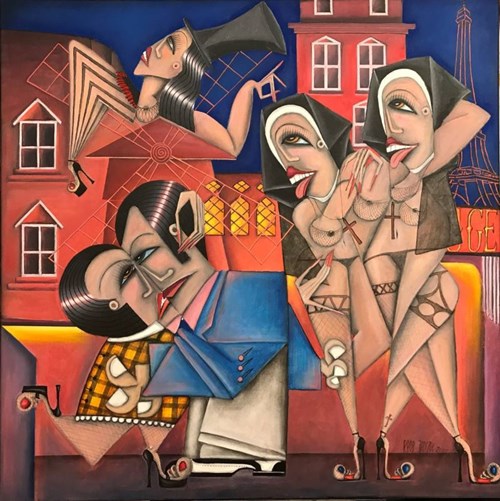 Living room painting by Robert Jadczak titled Sisters of Moulin Rouge