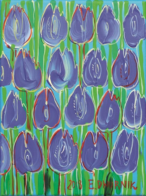 Living room painting by Edward Dwurnik titled Kobaltowe Tulipany