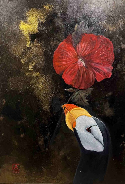 Obraz do salonu artysty Artur Cieślar pod tytułem Maskonur z hibiskusem