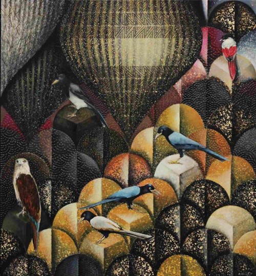Obraz do salonu artysty Katarzyna Stelmach pod tytułem Kompozycja z czerwonym ptaszkiem