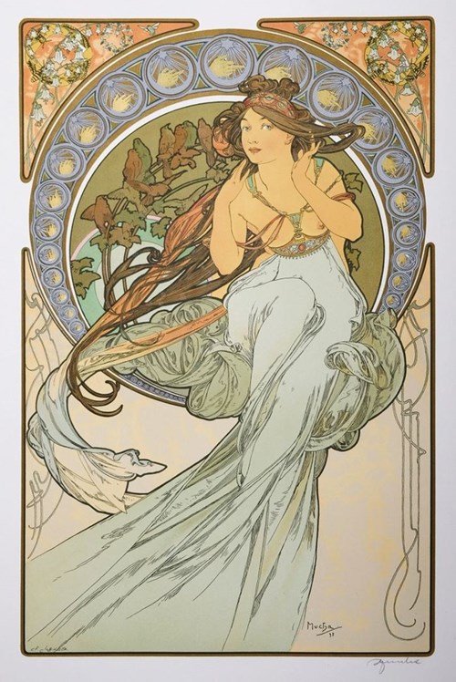 Living room painting by Alfons Mucha titled Les Arts La Musique