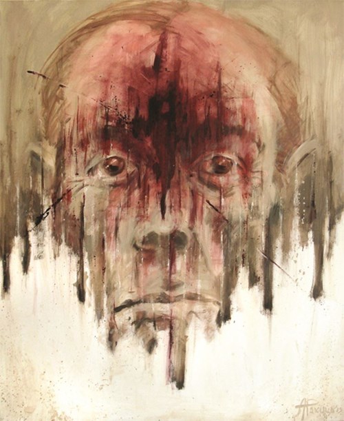 Living room painting by Agnieszka Pakuła titled 2000 yard stare (cykl Shell Shock)