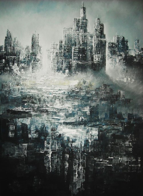 Living room painting by Andrzej Fronczak titled Metropolis XI