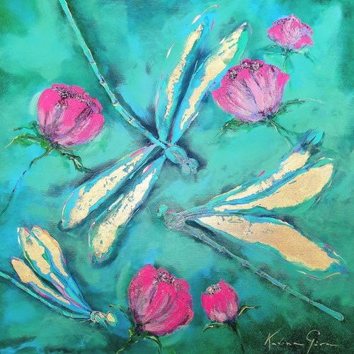 Living room painting by Karina Góra titled Dragonflies in the scent of mint and peony