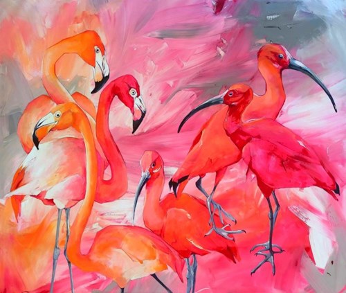 Living room painting by Sylwia Wenska titled Flamingos vs Ibises