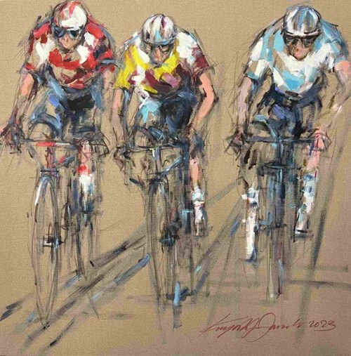 Living room painting by Krzysztof Jarocki titled Cyclists