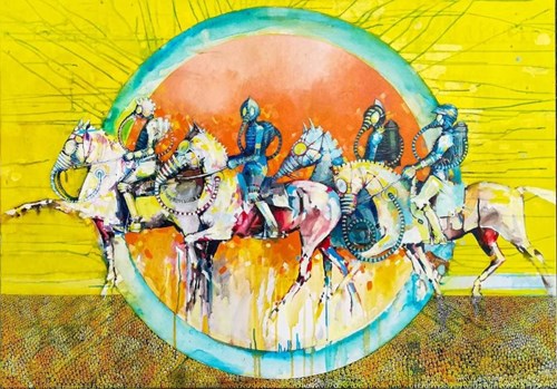 Living room painting by Wojciech Łuka titled Four Horsemen