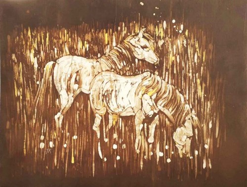 Living room painting by Jolanta Kalopsidiotis titled Horses in the meadow - batik
