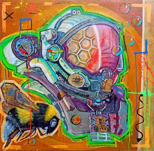 Obraz do salonu artysty Przemysław Długołęcki pod tytułem Eksplorujemy kosmos i nieznane nam obszary, a gdy umrze ostatnia pszczoła to po nas…