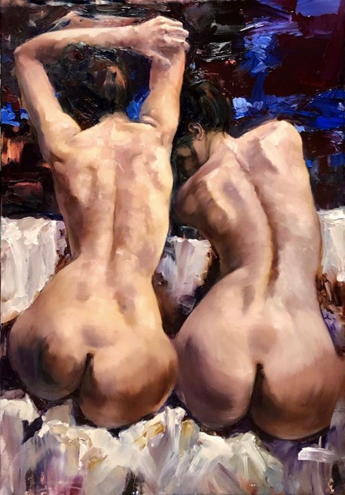 Living room painting by Krystyna Khvostyk titled Twins