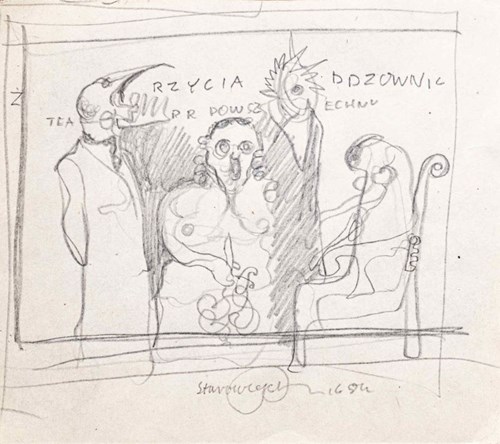 Living room painting by Franciszek Starowieyski titled Teatr Powszechny, sketch, 1990s