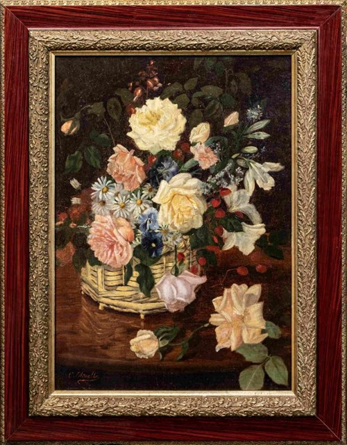 Living room painting by Artysta Nierozpoznany titled Still life with roses and daisies, 20th century