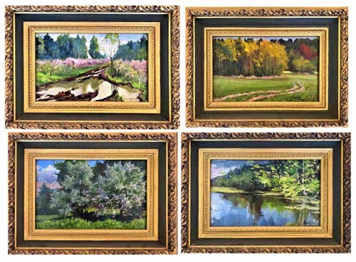 Living room painting by Artysta Nierozpoznany titled Forest + Blooming Trees + Meadow + River
