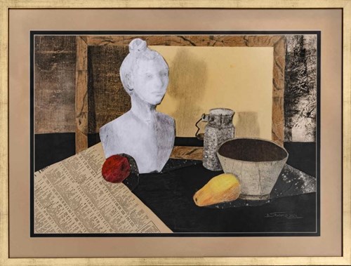 Living room painting by Bogusława Skwarna titled Collage with a bust and a pear